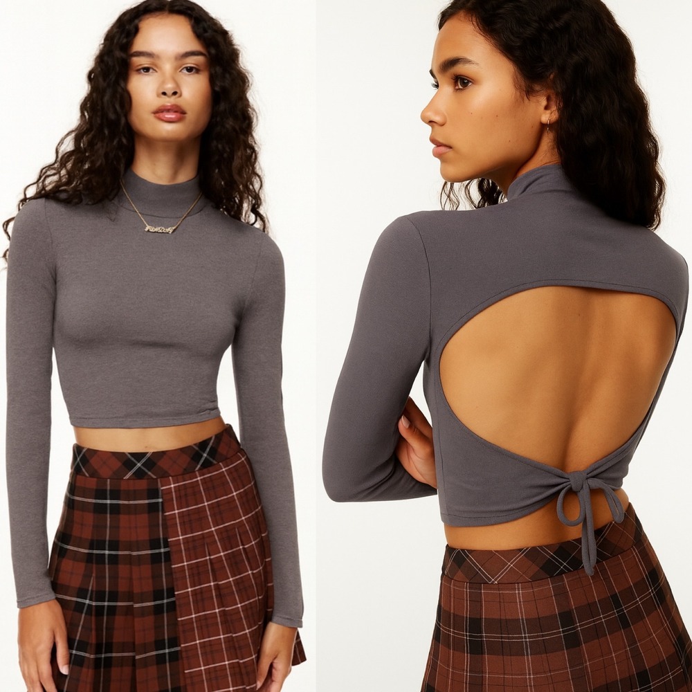 Aritzia Sunday Best Ellie Sweater Grey Womens Sz XS Mock Neck Open Back Knit Top
